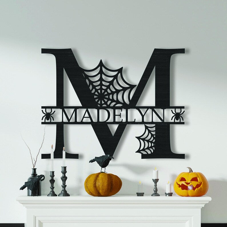 Halloween spooky surname letter sign, wooden name sign for wall decoration