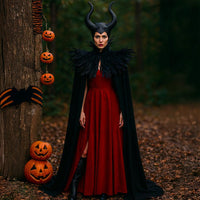 Evil Queen vampire cape with feathered shoulder cape and horn headdress