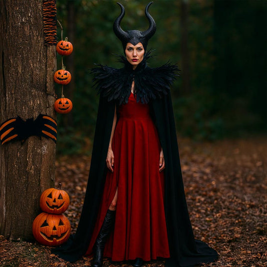 Evil Queen vampire cape with feathered shoulder cape and horn headdress
