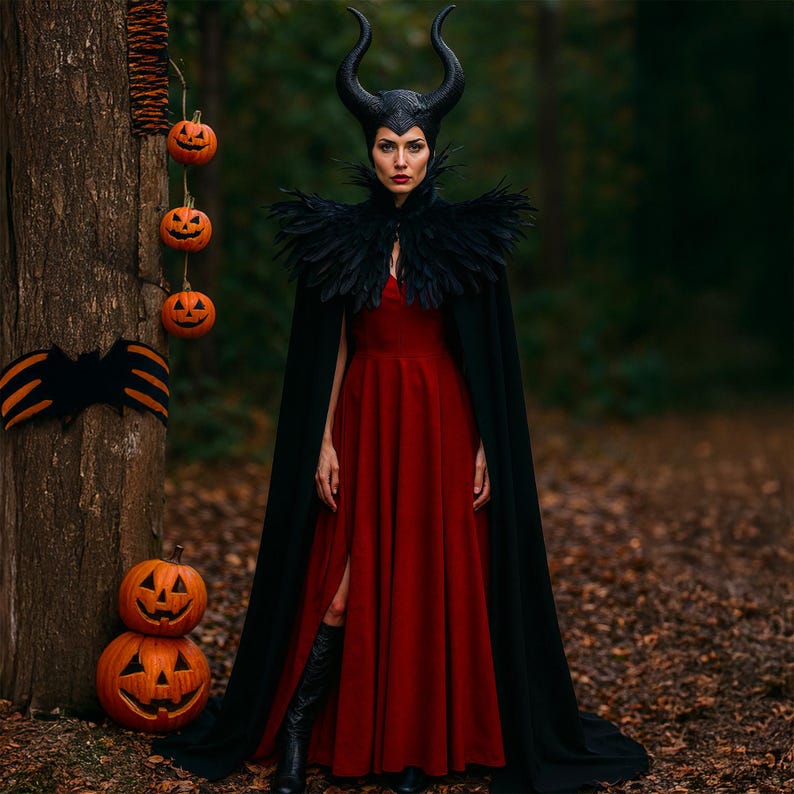 Evil Queen vampire cape with feathered shoulder cape and horn headdress