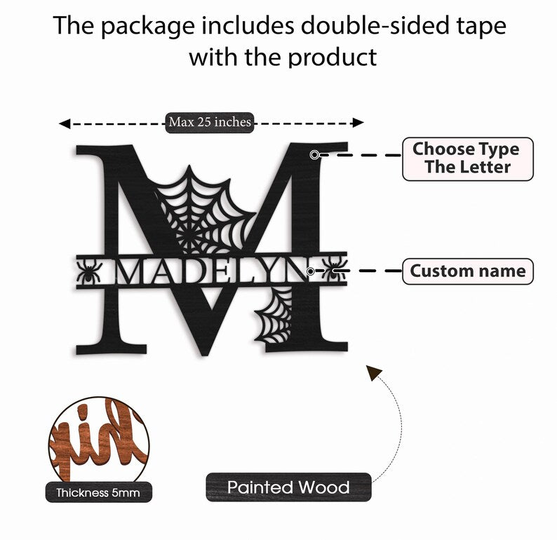 Halloween spooky surname letter sign, wooden name sign for wall decoration