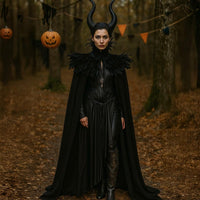 Evil Queen vampire cape with feathered shoulder cape and horn headdress