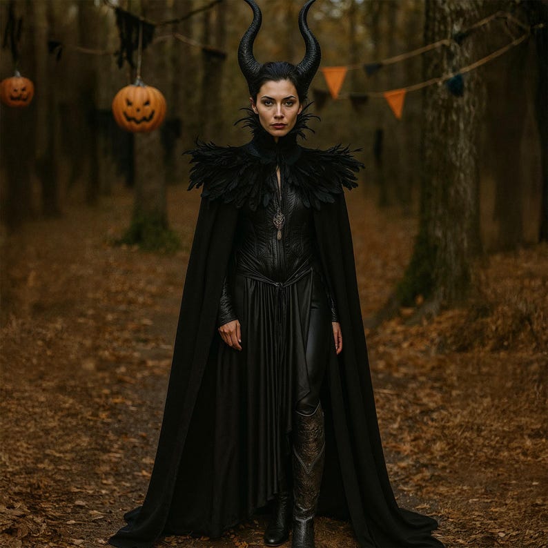 Evil Queen vampire cape with feathered shoulder cape and horn headdress