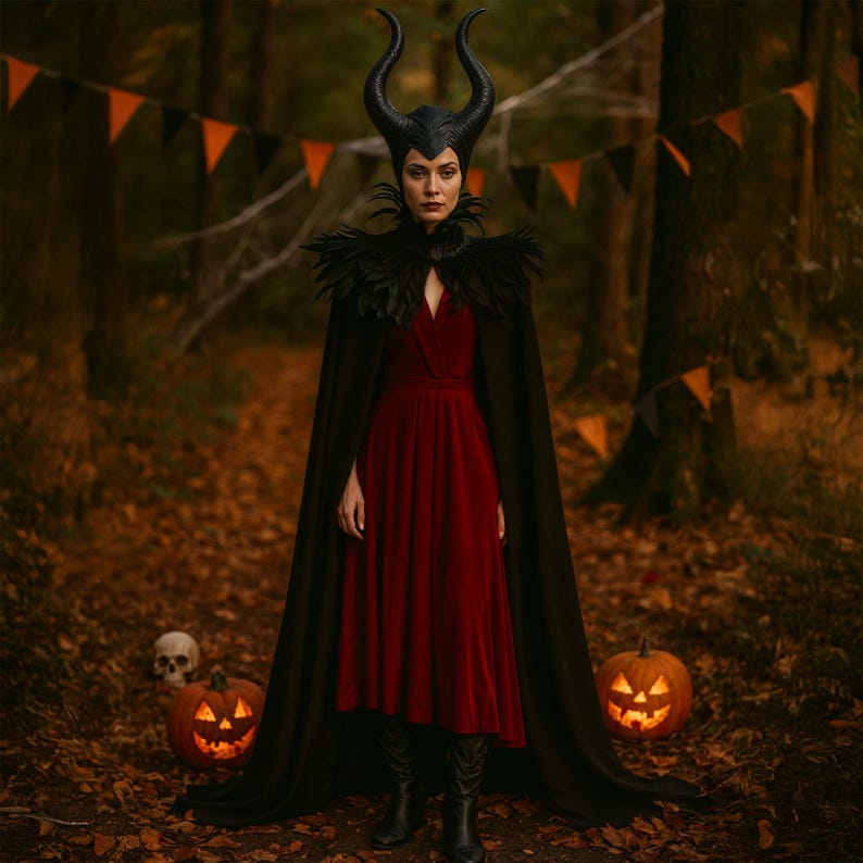 Evil Queen vampire cape with feathered shoulder cape and horn headdress