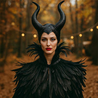 Evil Queen vampire cape with feathered shoulder cape and horn headdress