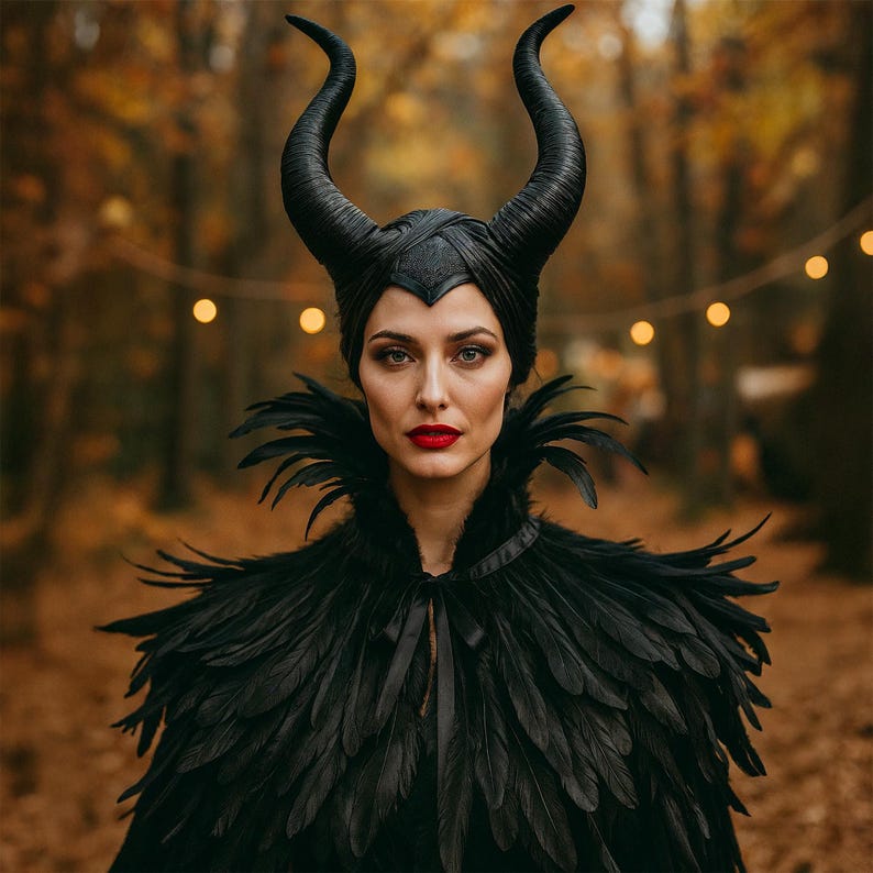 Evil Queen vampire cape with feathered shoulder cape and horn headdress
