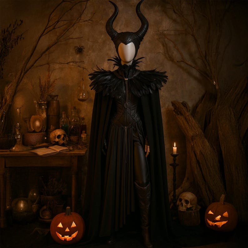 Evil Queen vampire cape with feathered shoulder cape and horn headdress