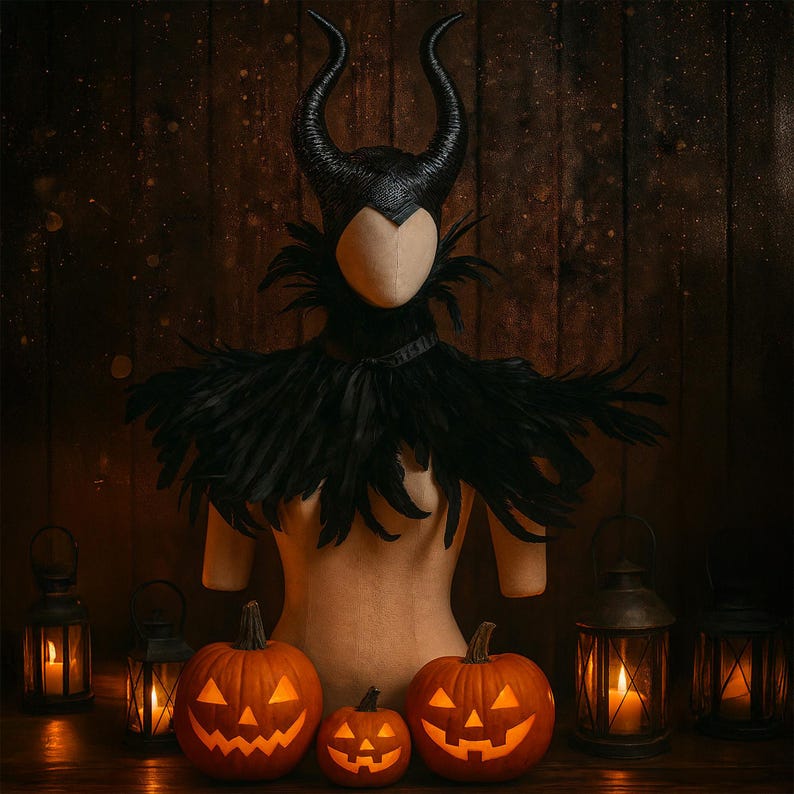 Evil Queen vampire cape with feathered shoulder cape and horn headdress
