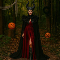Evil Queen vampire cape with feathered shoulder cape and horn headdress