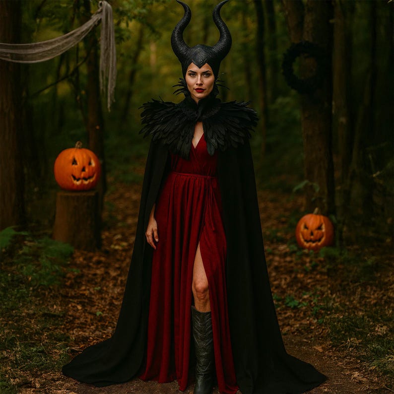 Evil Queen vampire cape with feathered shoulder cape and horn headdress
