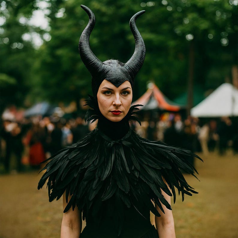 Evil Queen vampire cape with feathered shoulder cape and horn headdress