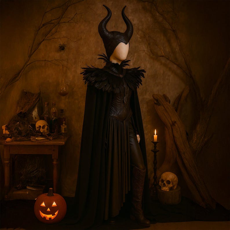 Evil Queen vampire cape with feathered shoulder cape and horn headdress